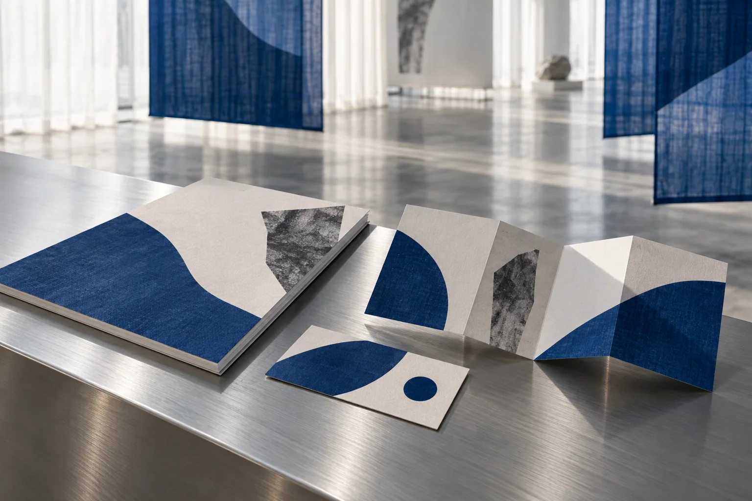 Cobalt and cream exhibition programmes arranged on brushed aluminium inside the gallery.