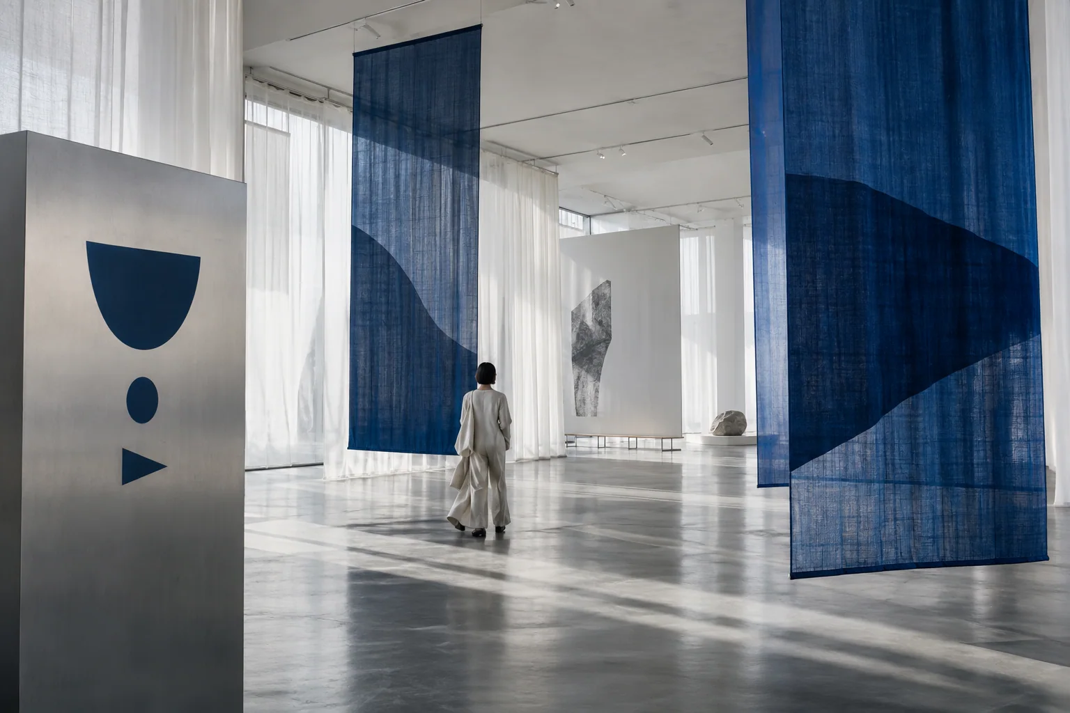 A visitor walks through a white gallery divided by translucent cobalt textile panels.