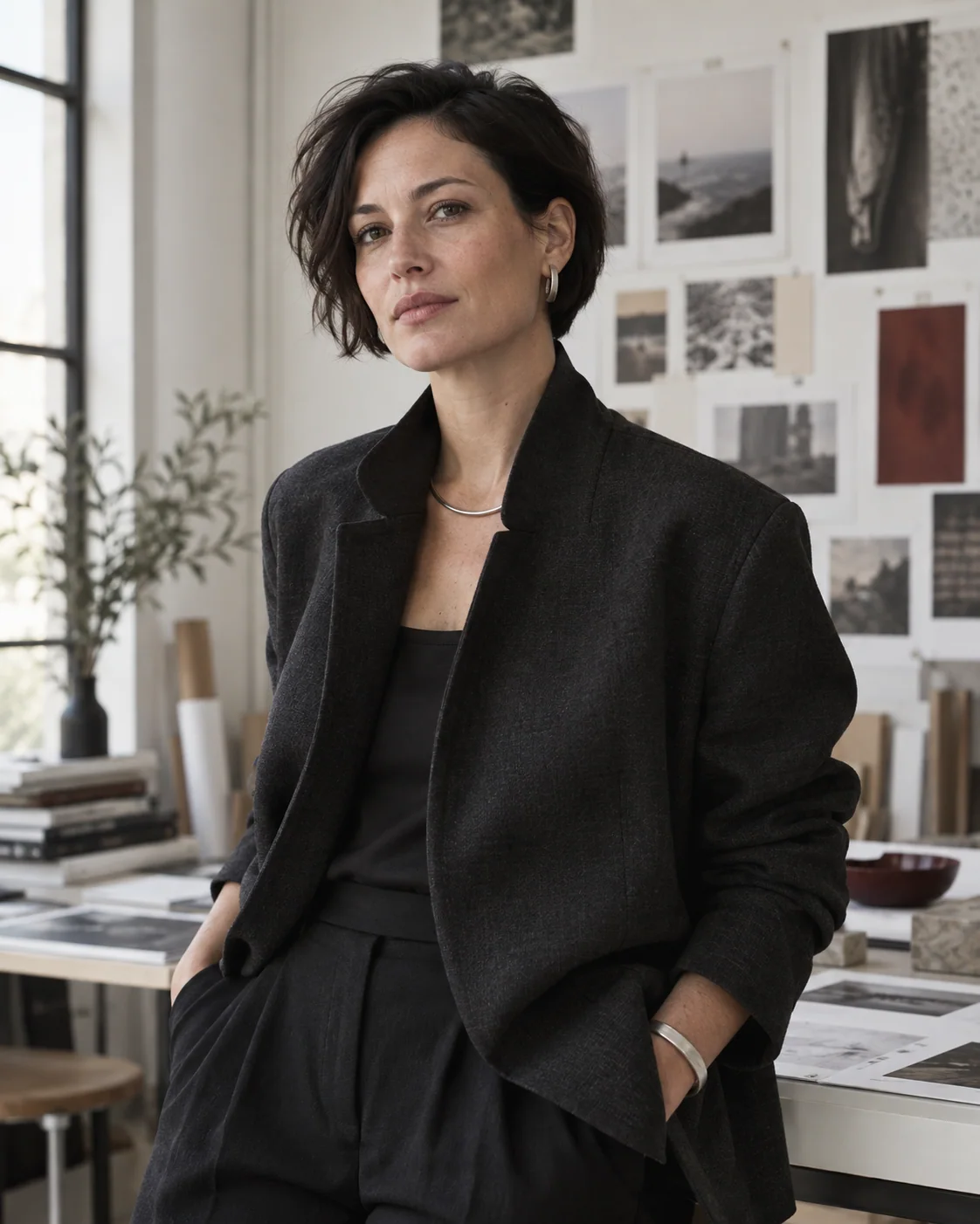 Editorial portrait of fictional creative director Mara Vale in her studio.