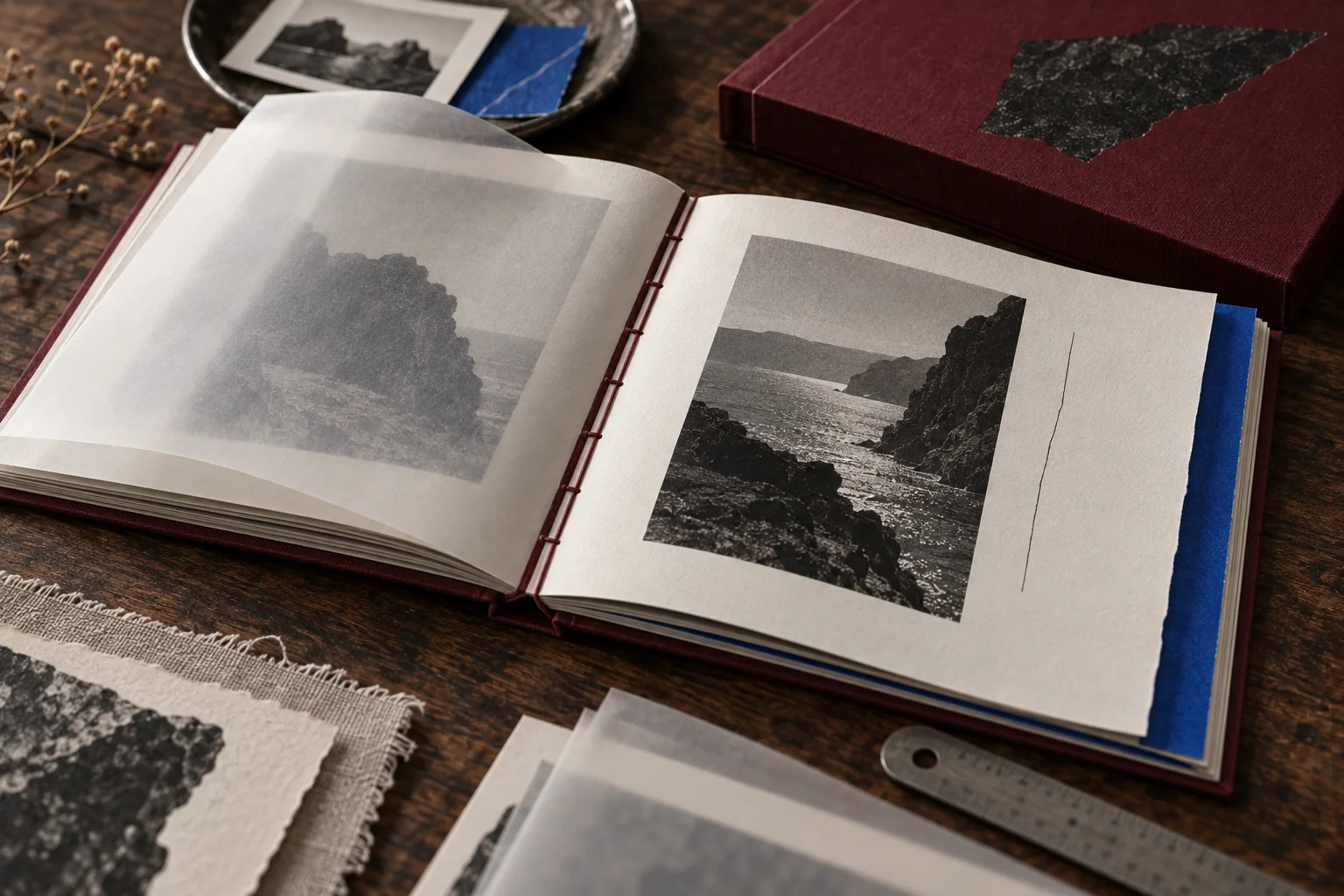 Open burgundy-bound art book with vellum pages and an electric blue paper edge.