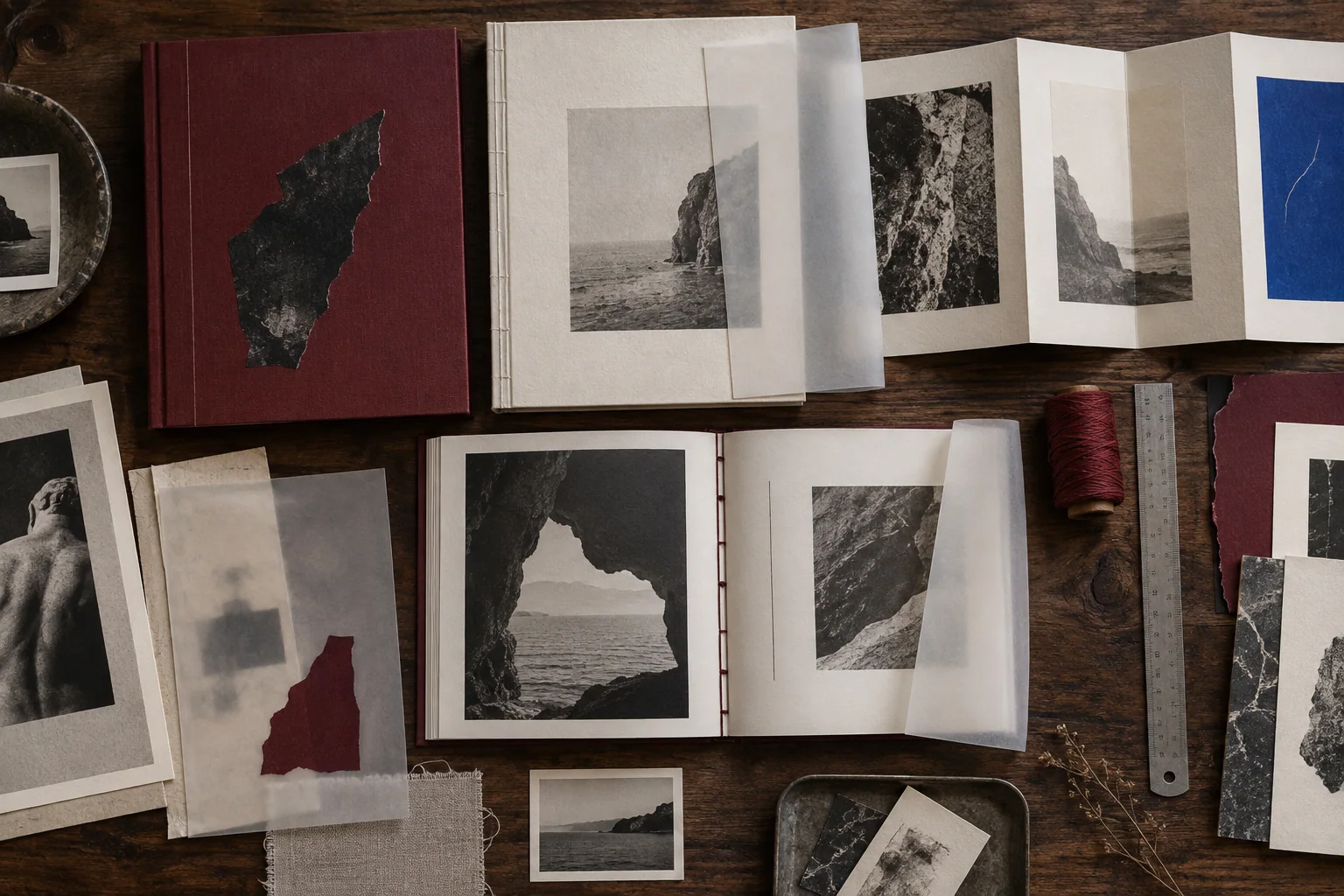 Burgundy art books, vellum overlays and black-and-white coastal images on a walnut table.