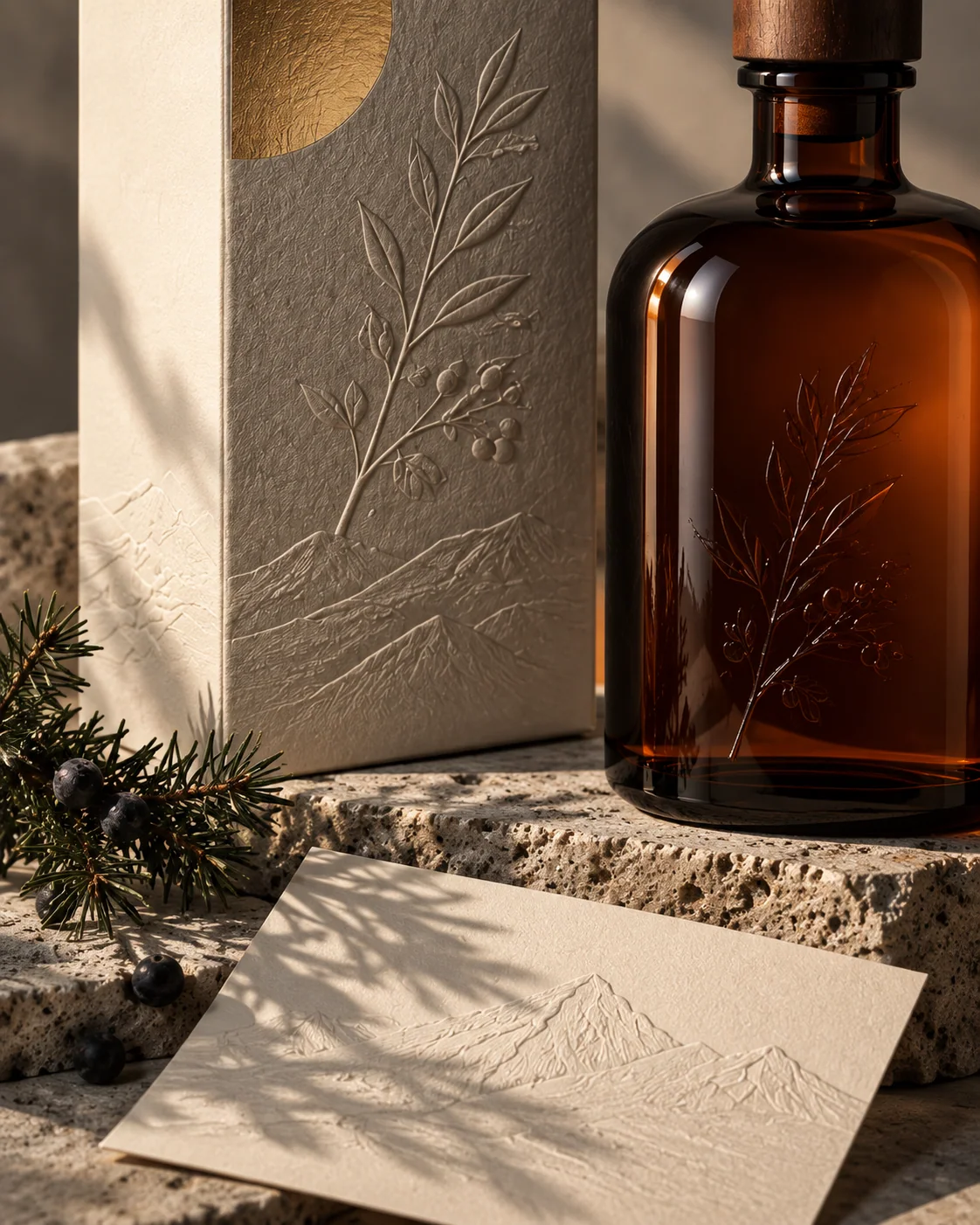 Close view of the embossed botanical carton, amber glass and tactile cream stationery.