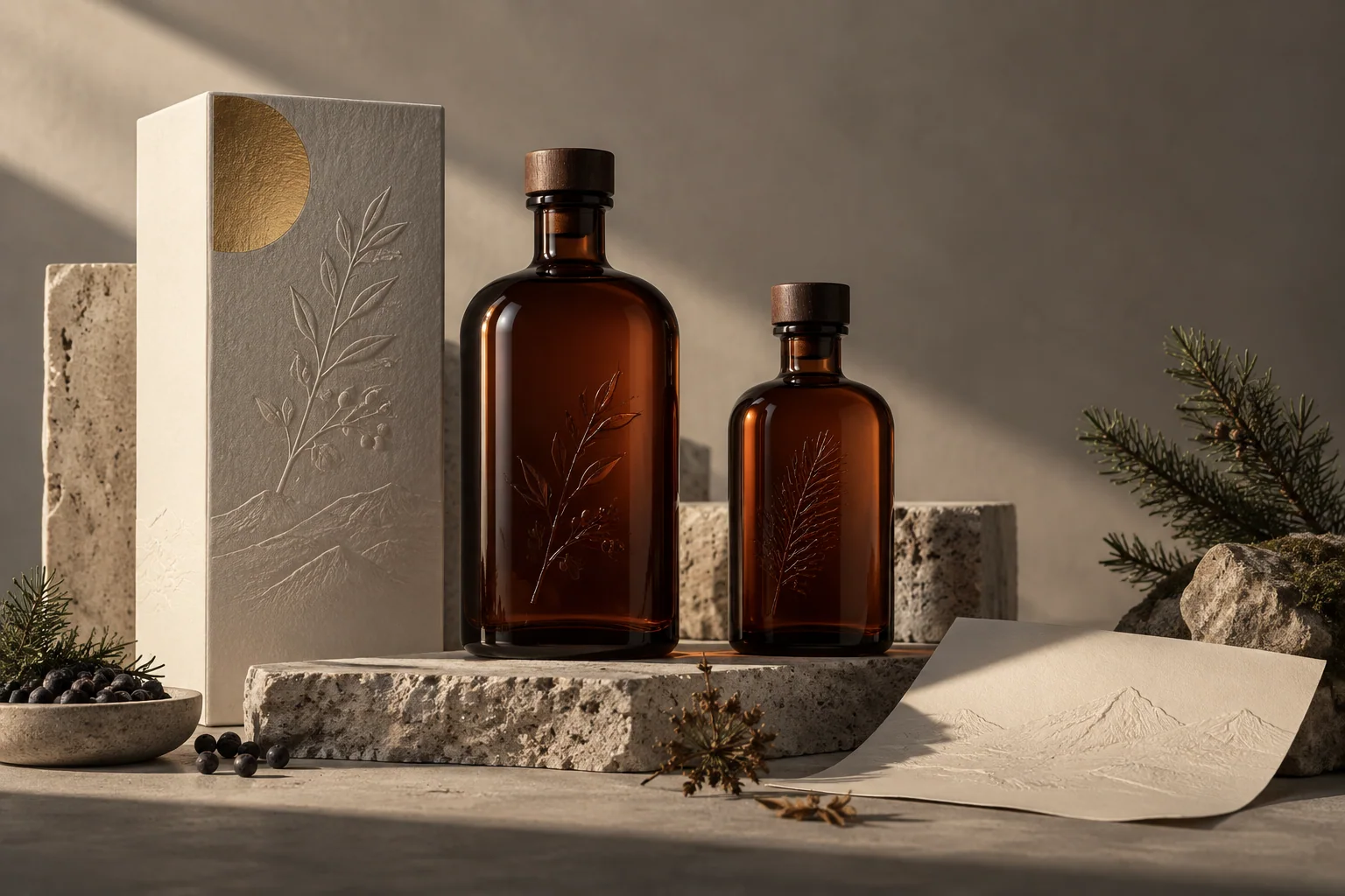 Amber botanical bottles and an embossed cream carton arranged on stone in warm studio light.