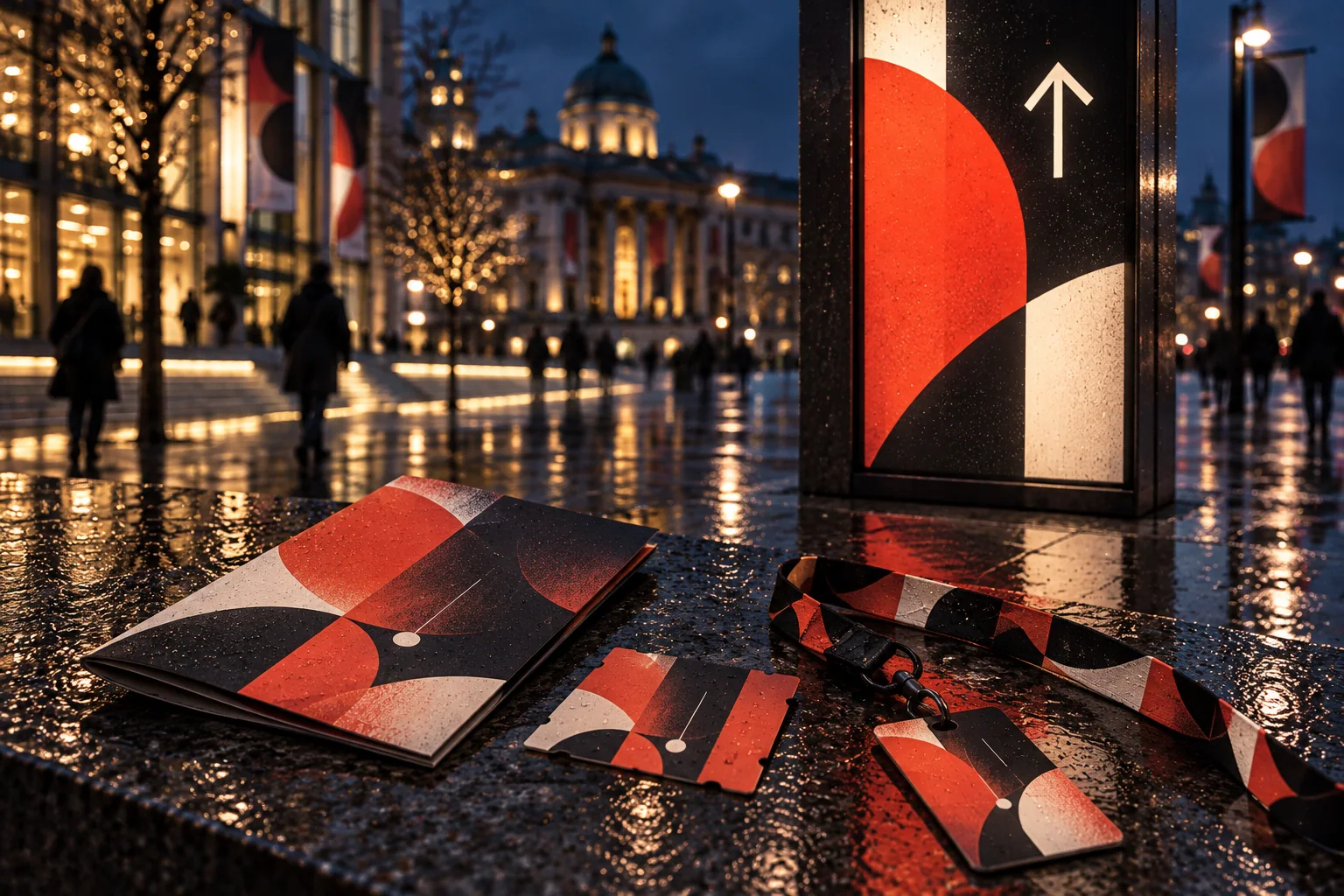 Matching festival programme, passes and illuminated wayfinding on wet stone at night.