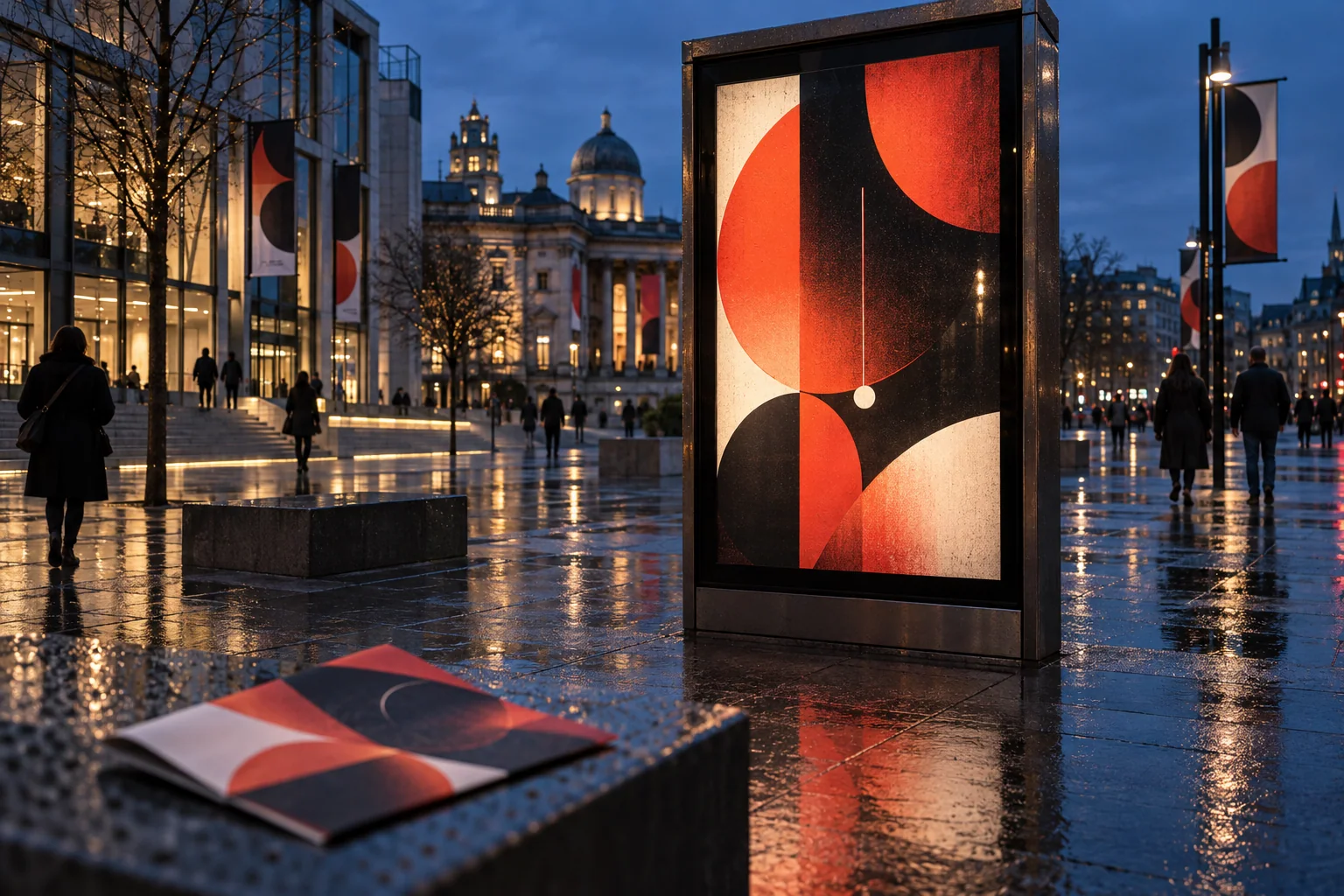 Illuminated red and black festival poster system reflected in a rain-dark city plaza.