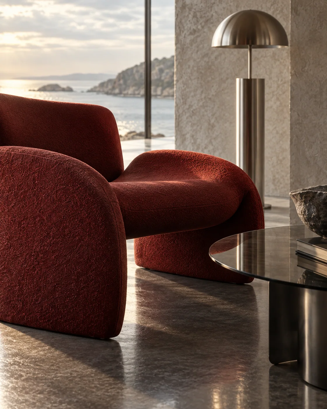 Close view of the red lounge chair, smoked glass table and coastal light.