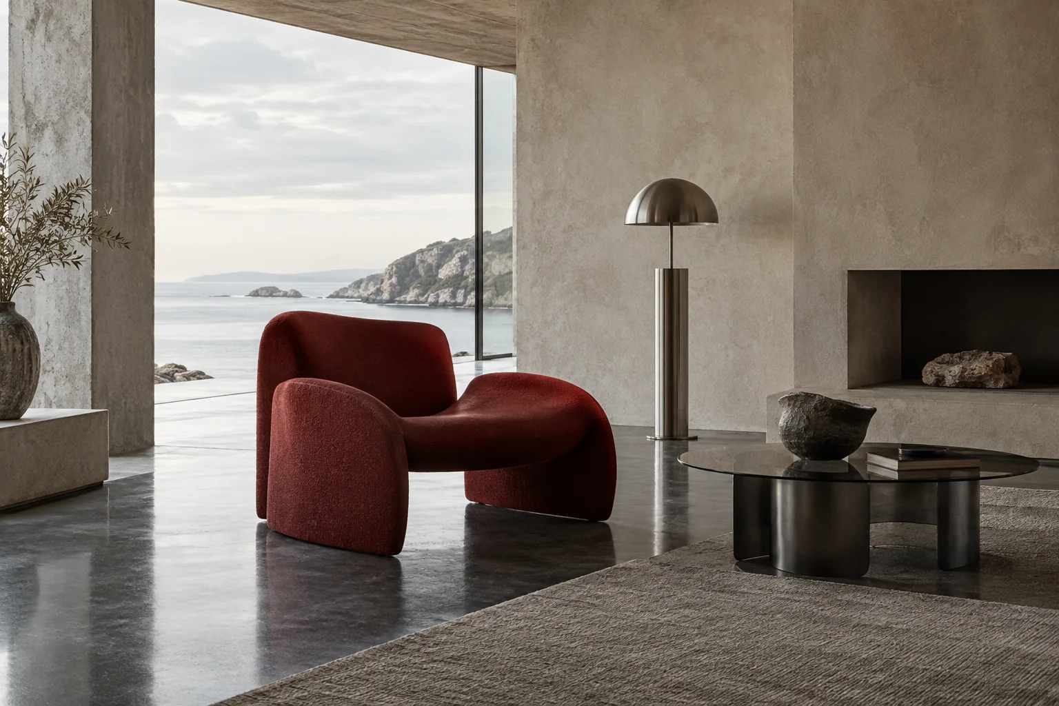 Sculptural red chair and brushed steel lamp in a limestone interior overlooking the sea.
