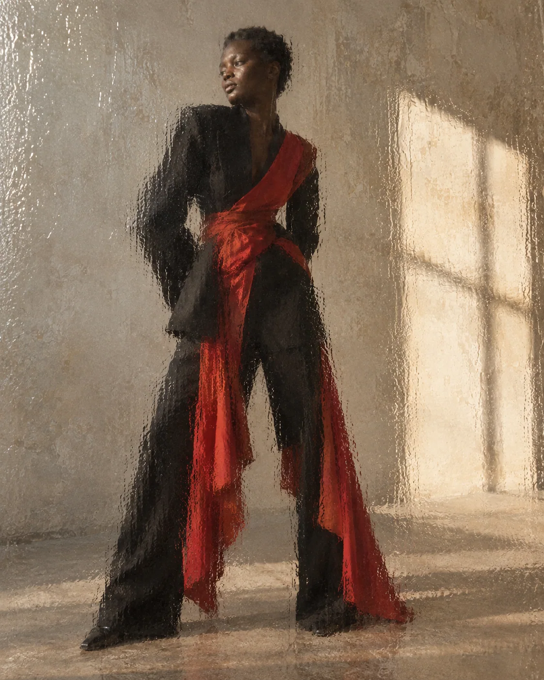 The same model and tailoring seen full length through rippled translucent glass.