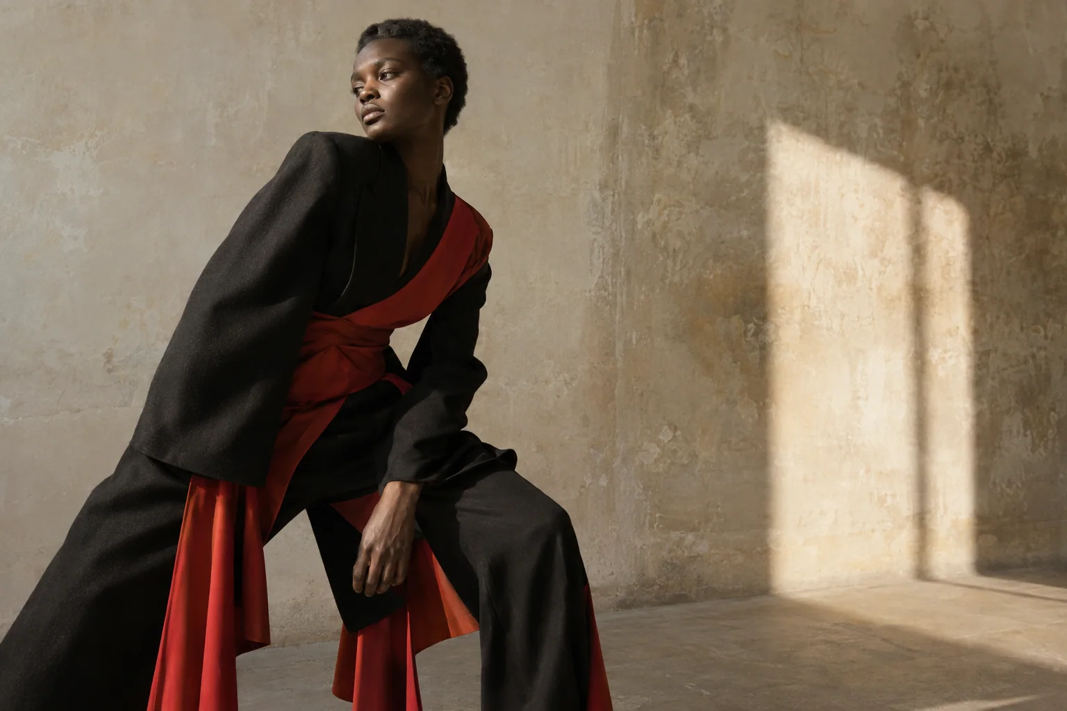 Model in sculptural black and vermilion tailoring posed in a raw sunlit studio.